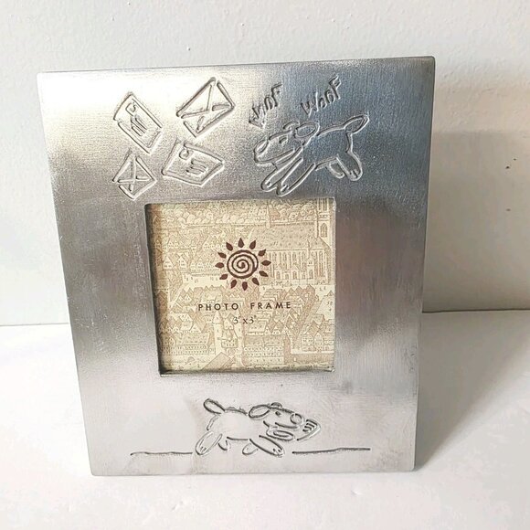 Unbranded Other - Vtg Free Standing Metal Photo Picture Frame Puppy Dog Chasing Mail Woof Woof